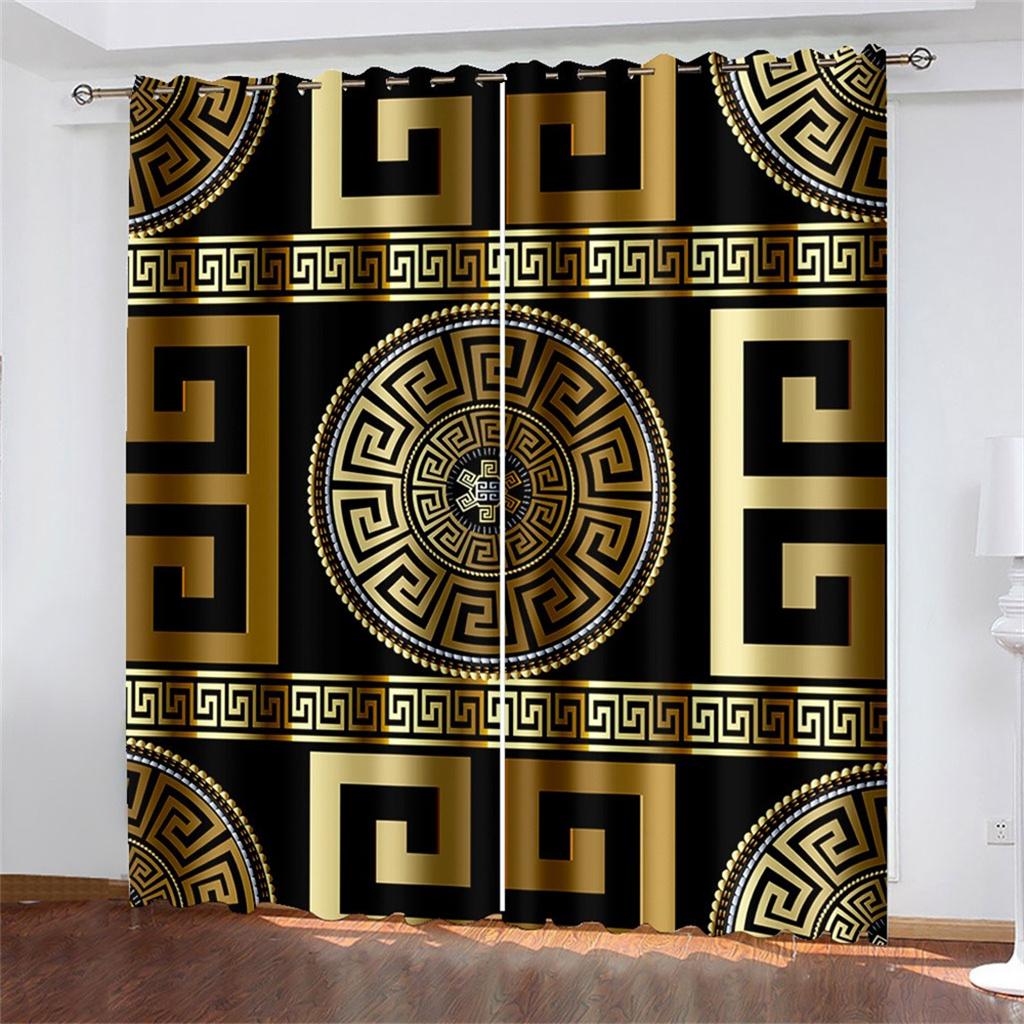 Luxury Gold Black Abstract Greek Key MeanderOn Sale Window Curtains for Kids Bedroom Living Room Kitchen Door Home Decor 2Pieces