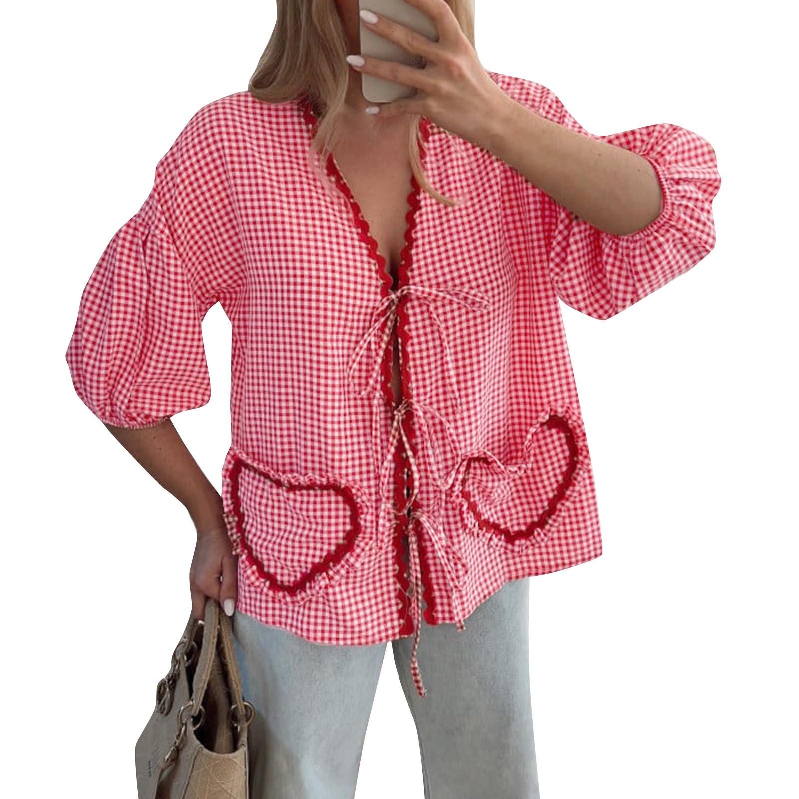 

Женская повседневная клетчатая рубашка с коротким рукавом, свободные топы с ремешком и карманом в форме сердца M красный