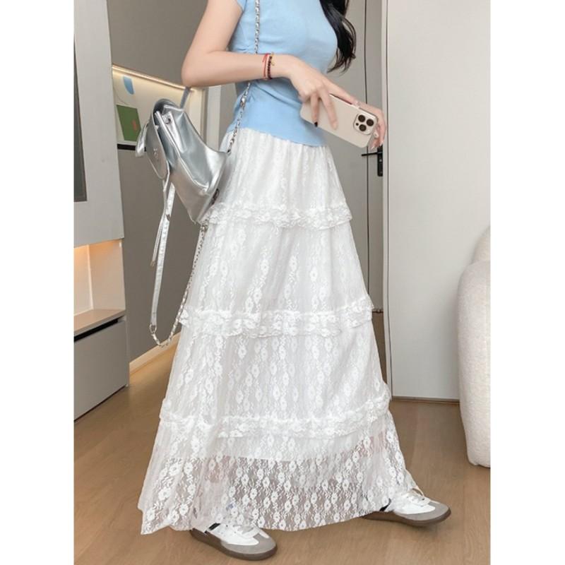 Women's Spring/Summer White Lace Tiered High-Waisted A-Line Asymmetrical Midi Skirt