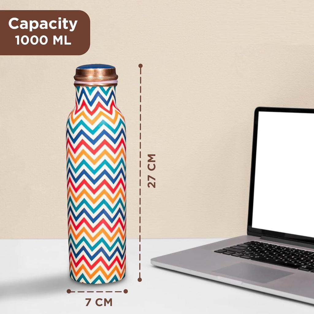 Pure Copper Water Bottle 1 Litre Alkaline and Anti Oxidant 100% Leak Proof, Office, Gym Bottle (Chevron, MultiColor)