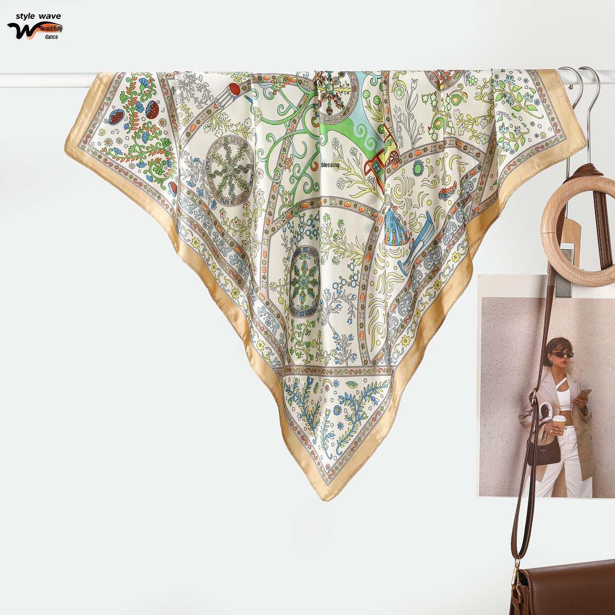 French Chic 70CM Women s Geometric Color Block Flower Scarf - Silk Imitation Headscarf Shawl 70*70CM