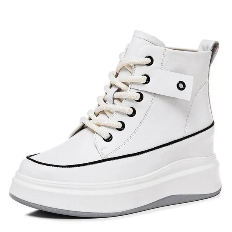 Fashion 7.5CM Women Shoes Natural Cow Genuine Leather Spring Chunky Sneakers Platform Wedge Ankle Boots Hidden Heel Autumn Winter Shoes