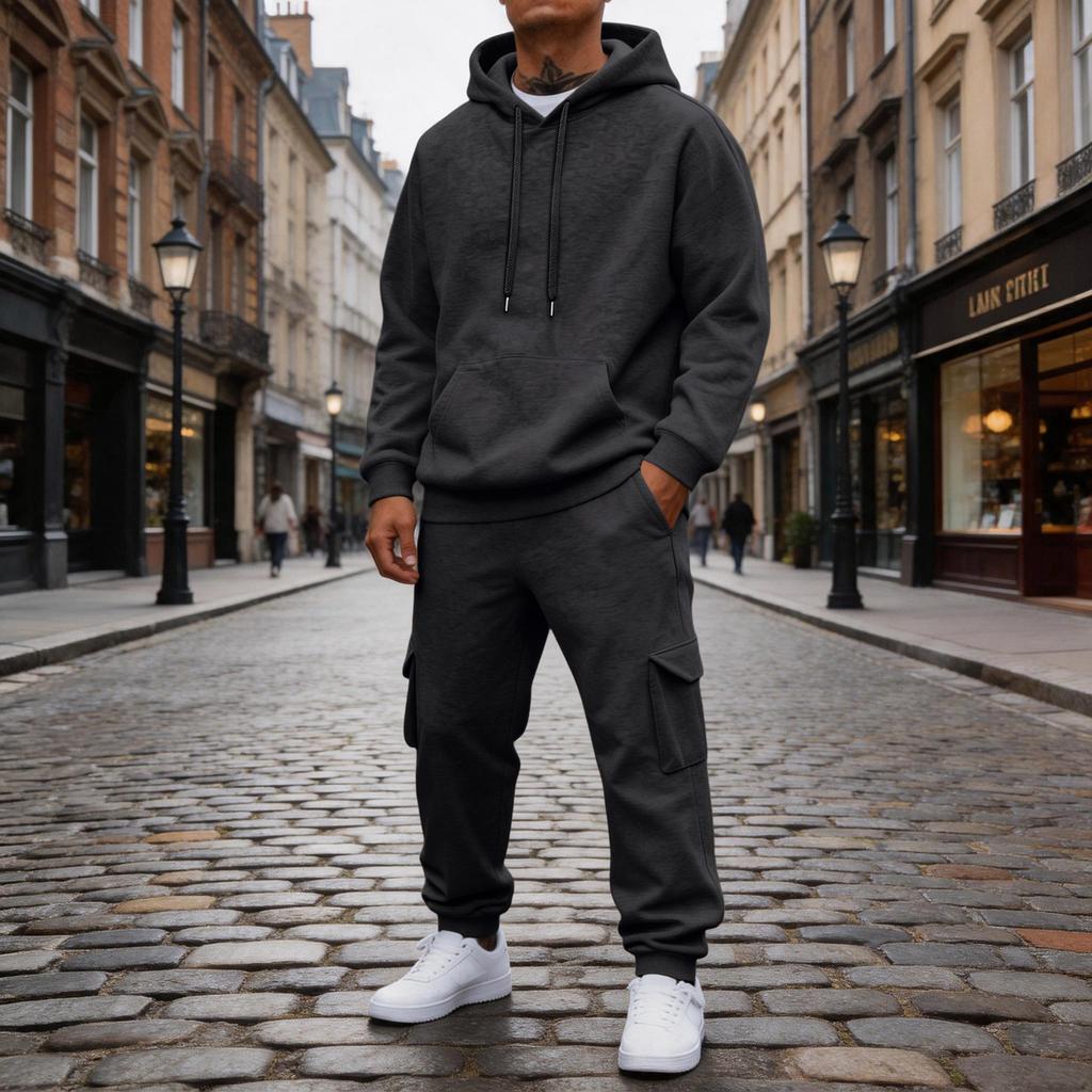 Men's 2 Piece Casual Outfit Set with Sweatshirt and Elastic Waist Cargo Jogger Pants for Outdoor Sports