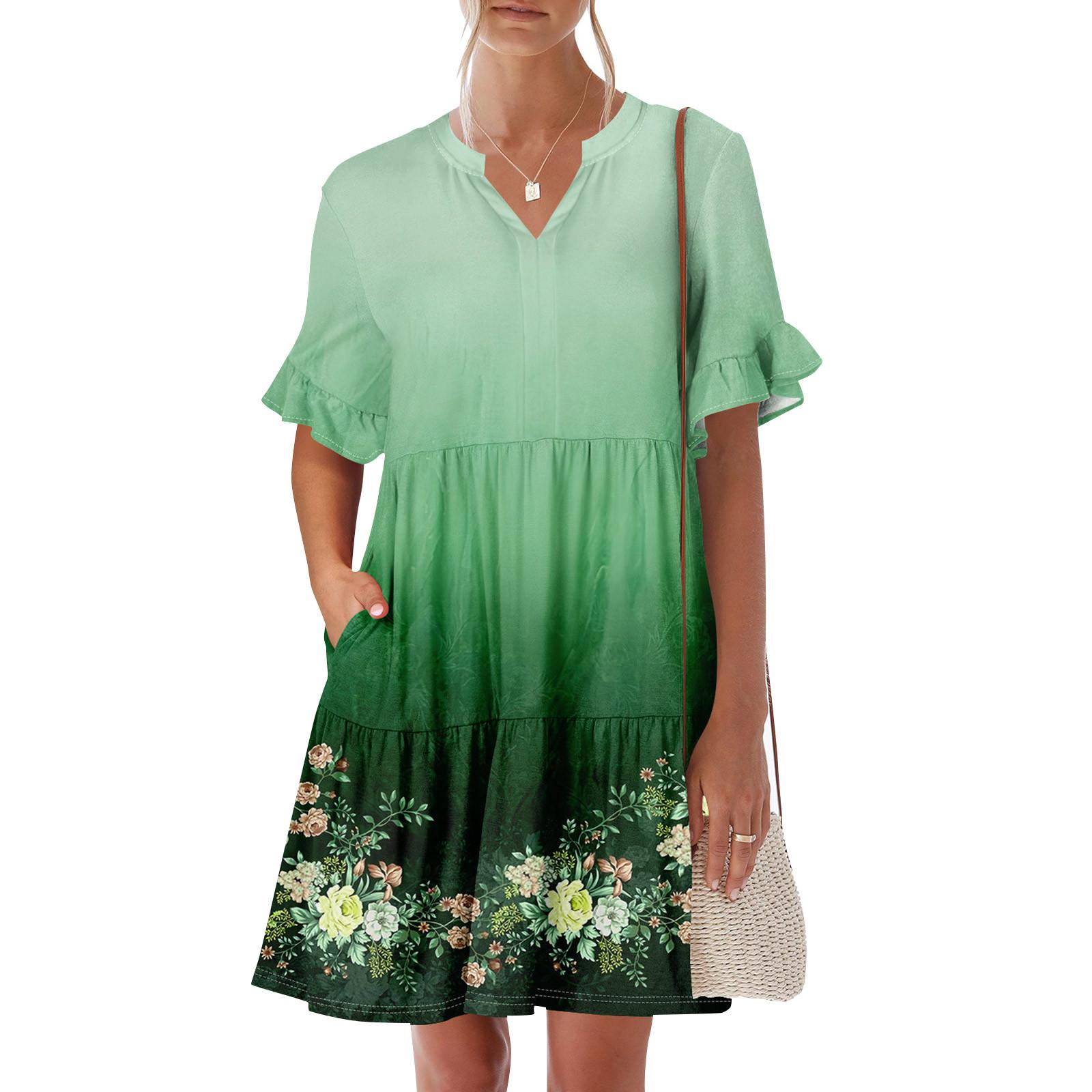 

Женское летнее платье с коротким рукавом и V-образным вырезом, короткие платья, модное повседневное струящееся платье в стиле бохо с оборками и карманами L зелёный