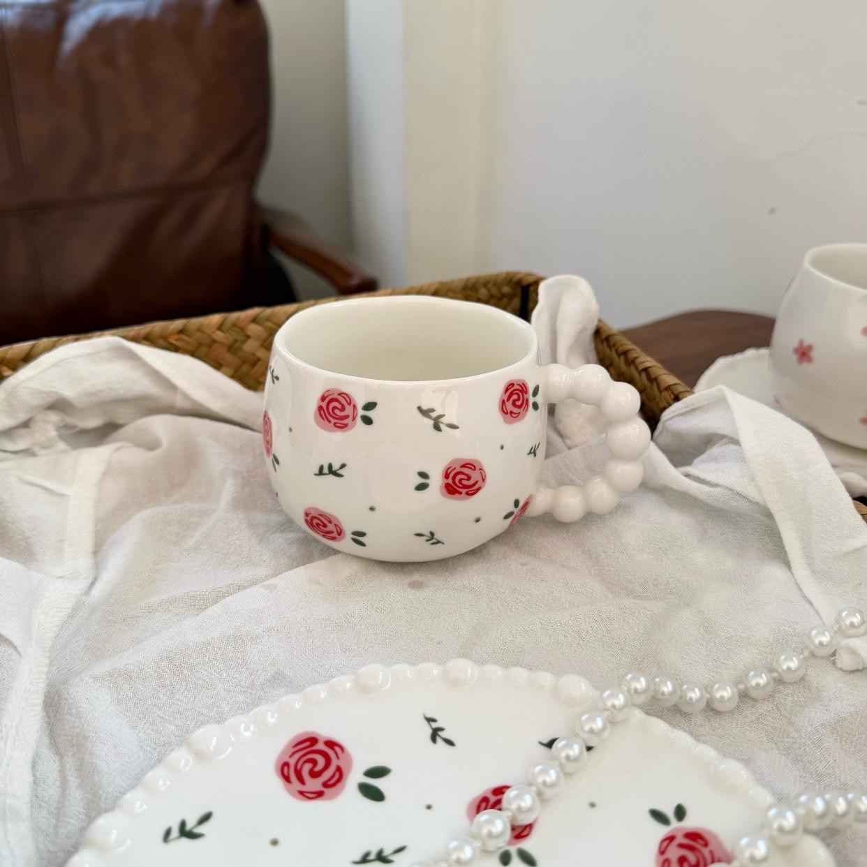 Factory Wholesale 2026 New Handmade Irregular Ceramic Coffee Cup and Saucer Beading Pearl Design Tea Cup Afternoon Tea Set 320ml