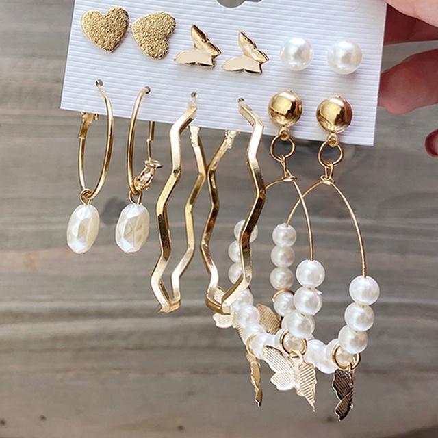 IF ME Fashion Butterfly Gold Earring Set Retro Pearl Pendant Stud Earrings Women Jewelry Accessories
