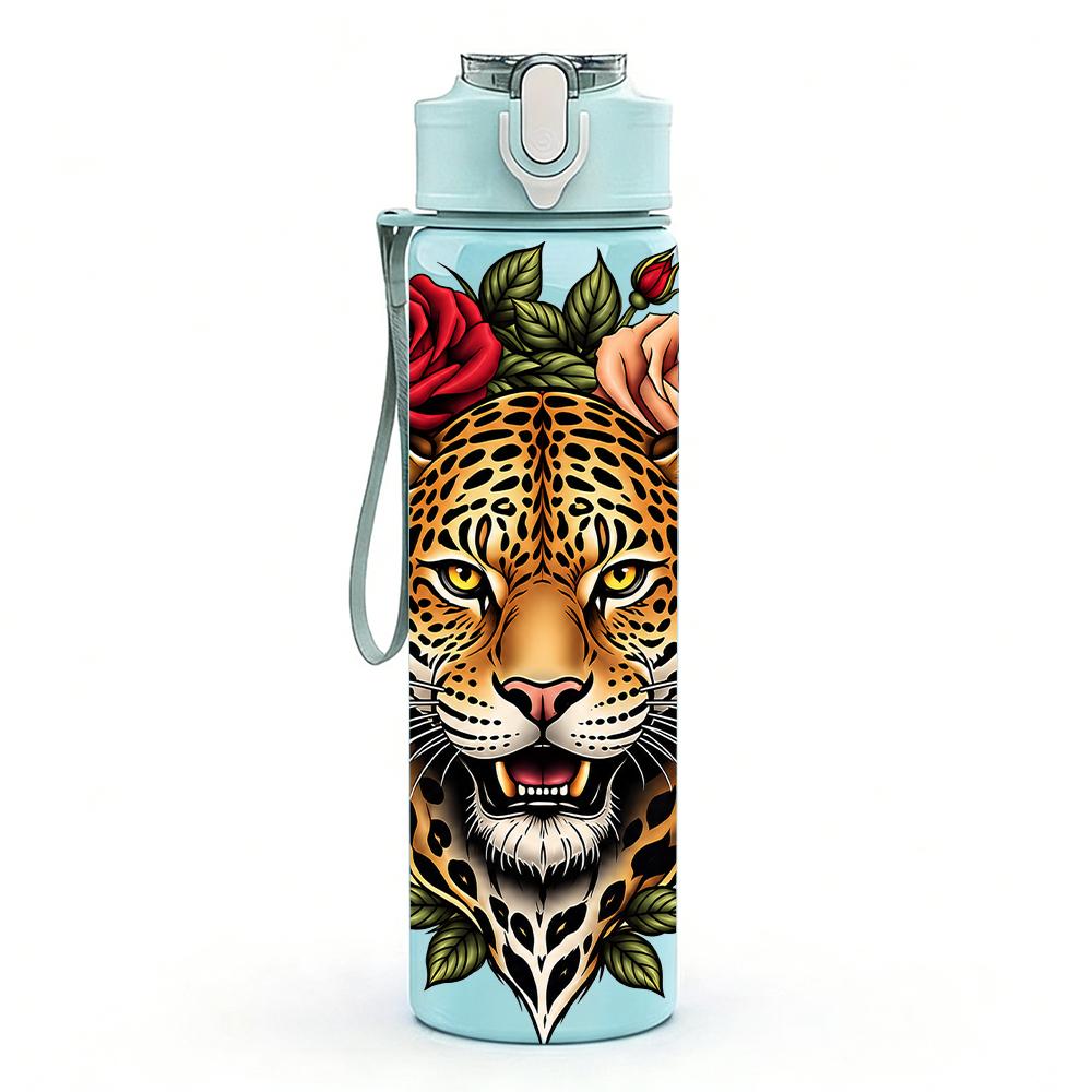 1PC Leopard Tiger Rose Graphic,750ml Color Plastic Sports Water Bottle,Leakproof Flip Straw Lid,Suitable for Sports Office Home Use
