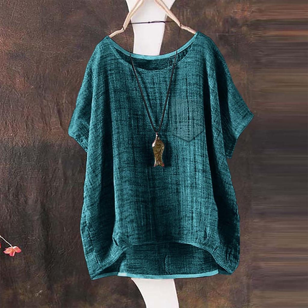Women's Fashion Loose Round Neck Pocket Button Cotton Linen T-Shirt Casual Tops