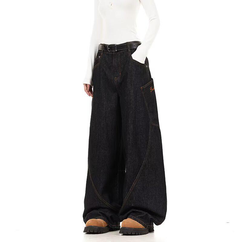 

Unisex American Retro Wide-Leg Scimitar Jeans with Embroidered Pocket - Autumn Collection M чорний