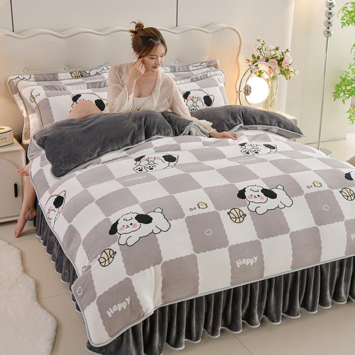 Thickened Milk Fleece Four-Piece Warm Double-Sided Coral Fleece Quilt Cover Flannel Sheet Bed Skirt Bedding