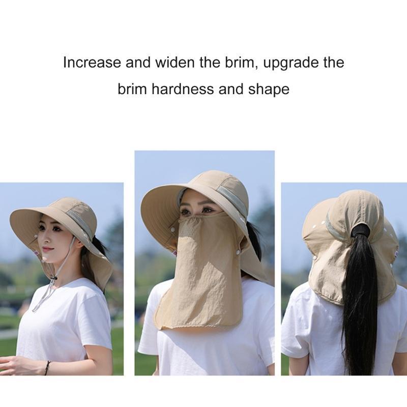 Chapeau Masque Facial Protection Solaire pour Femmes Chapeau de Soleil à Large Bord avec Cordon de Serrage Réglable Chapeau Respirant pour Activité en Plein Air