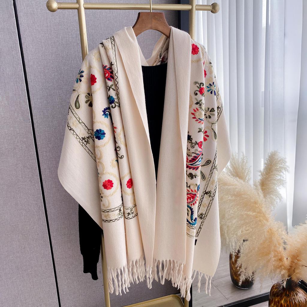 Luxury Winter Embroidery Cashmere Scarf Women  Design Warm Pashmina Blanket Poncho Scarves Female Shawl Thick Foulard Bufanda