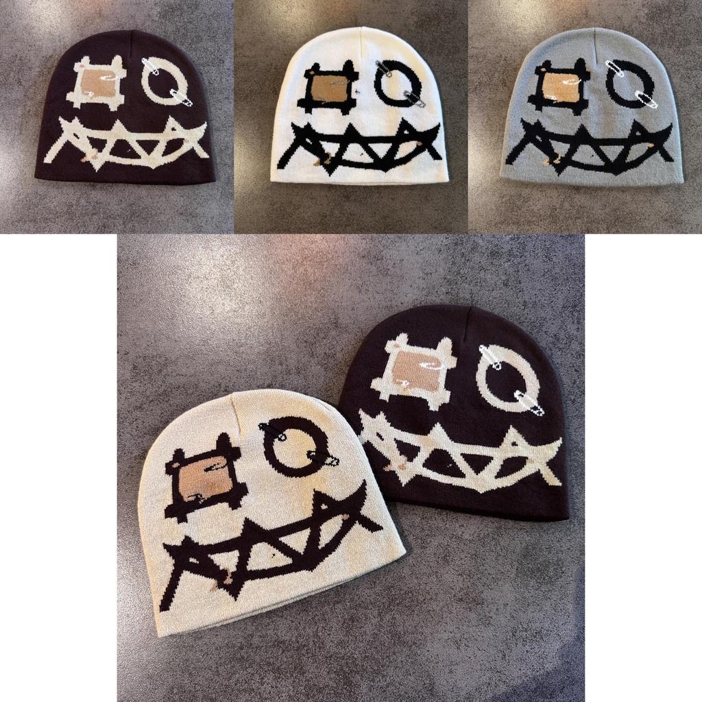 Knit Beanie With Demon Face Embroidery For Halloween And Winter Warmth