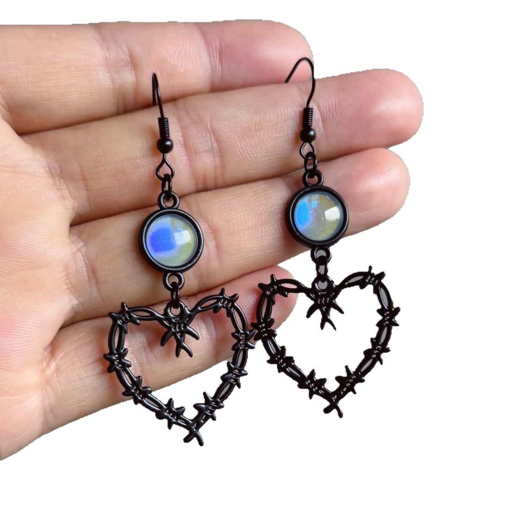 Gothic Black Heart Thorn Blue Crystal Earrings For Women With Style Fashion Jewelry