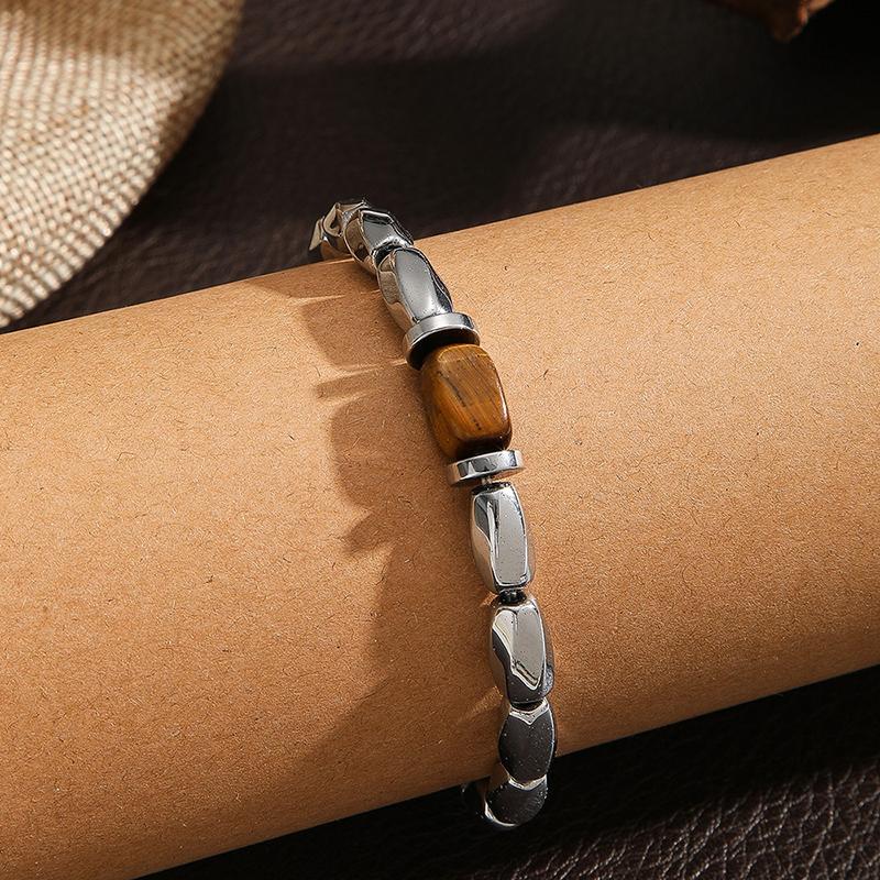 Vintage Tiger Eye Stone Bracelet For Men Irregular Shaped Silver Color Gallstones Beaded Bracelet Cool Elastic Wristband Gift