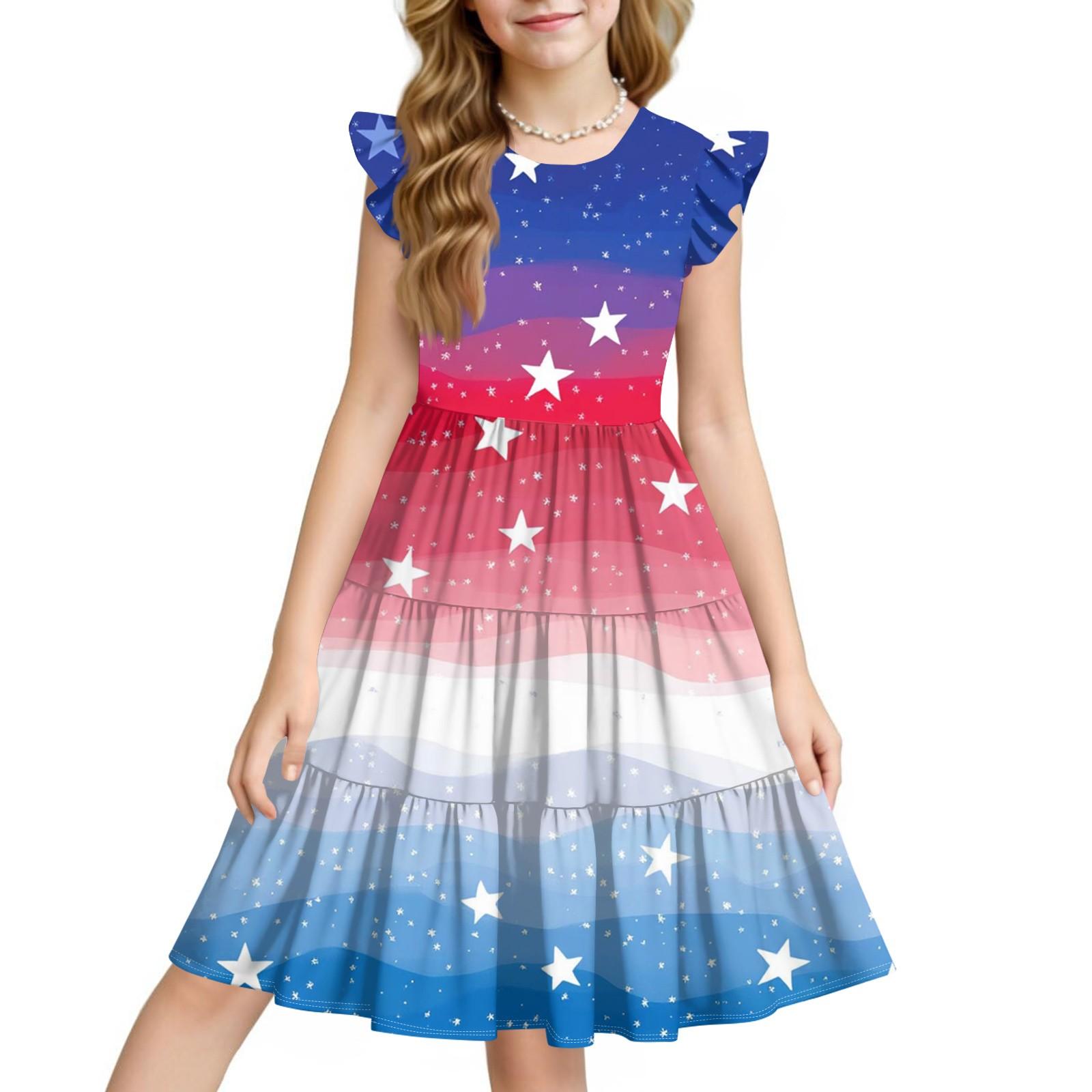 

Summer Children s Dress Girls Casual Independence Day Cute Round Neck Princess Dress 140 синий