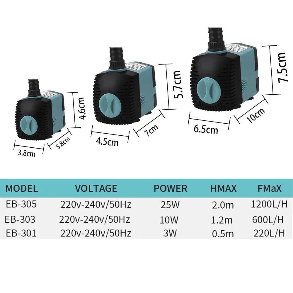 Pompa per Acquario UE 3/10/25W Spina Fontana per Acquario Pompa Acqua Sommergibile Ultra Silenziosa Filtro Laghetto per Pesci con Ventose