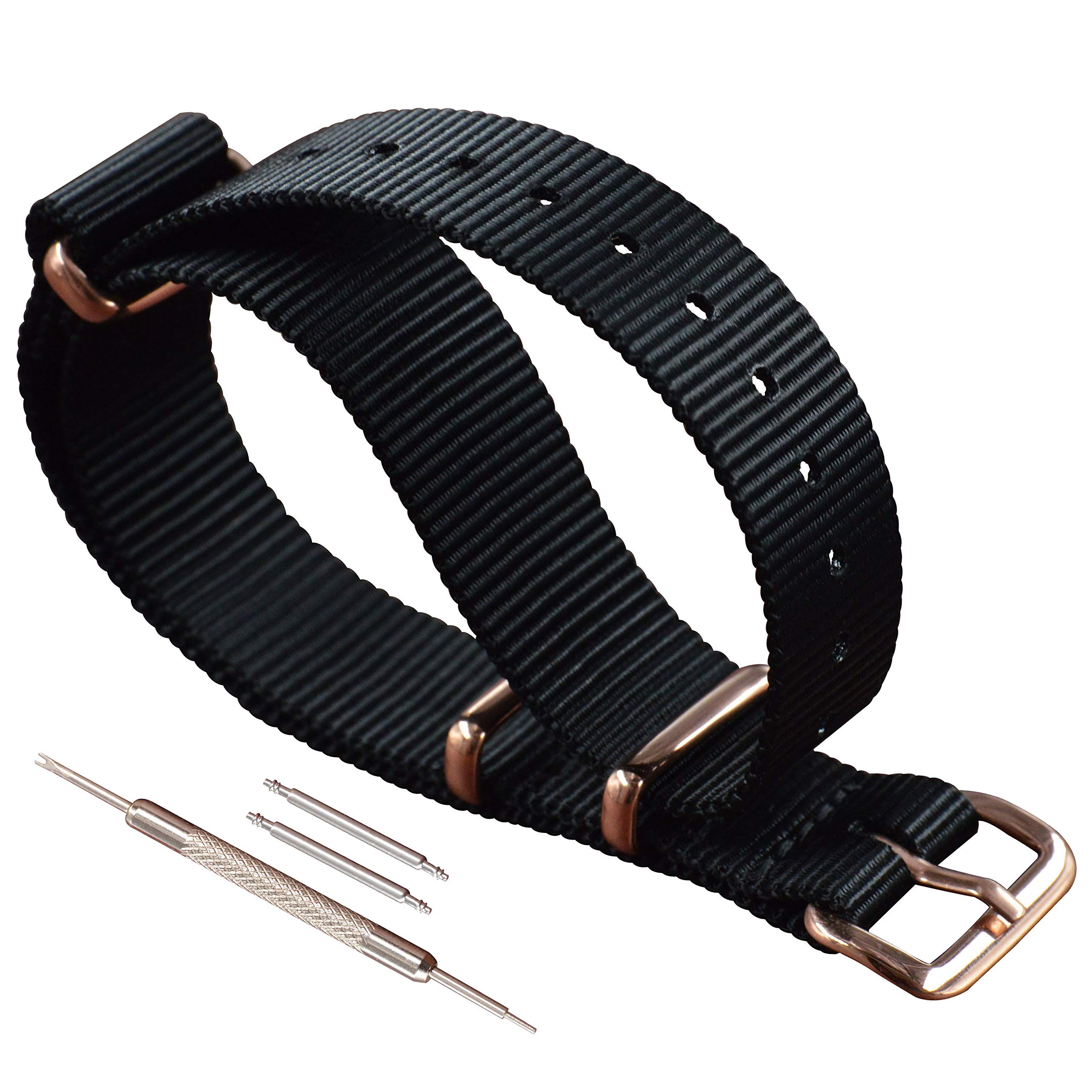 

[MZBUTIQ] 17mm Black Nylon Watch Strap Replacement Band, One-Piece, Rose Gold Buckle