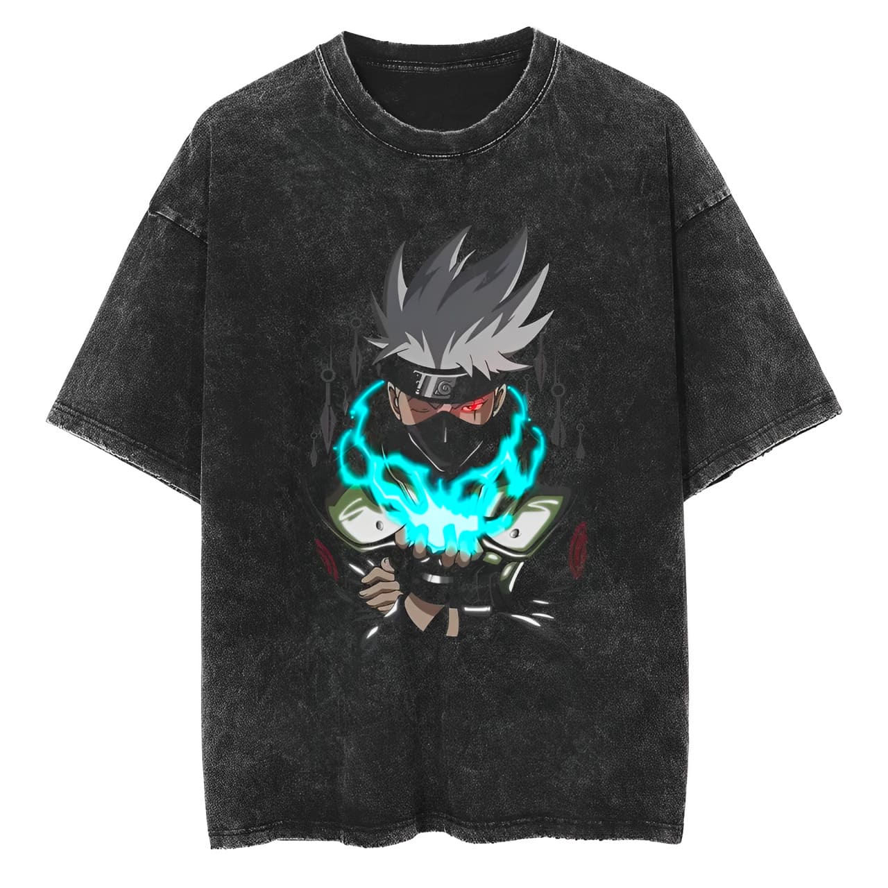 Kakashi Hatake T Shirt Naruto Men Acid Wash Chidori Lightning Anime Graphic Cotton Streetwear Manga Sharingan Eye Tee M