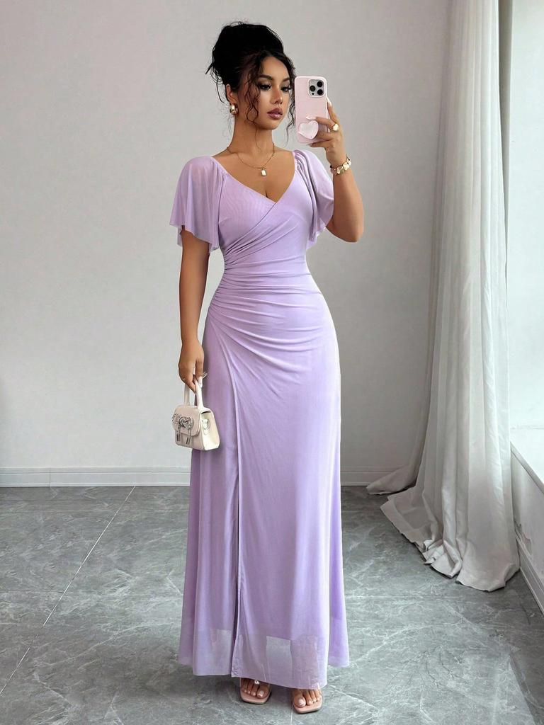 2026 Cross-border Europe, America, Amazon's New V-neck Cross-waist Fishtail Skirt, Flying Sleeve Pleated Temperament Hip Skirt