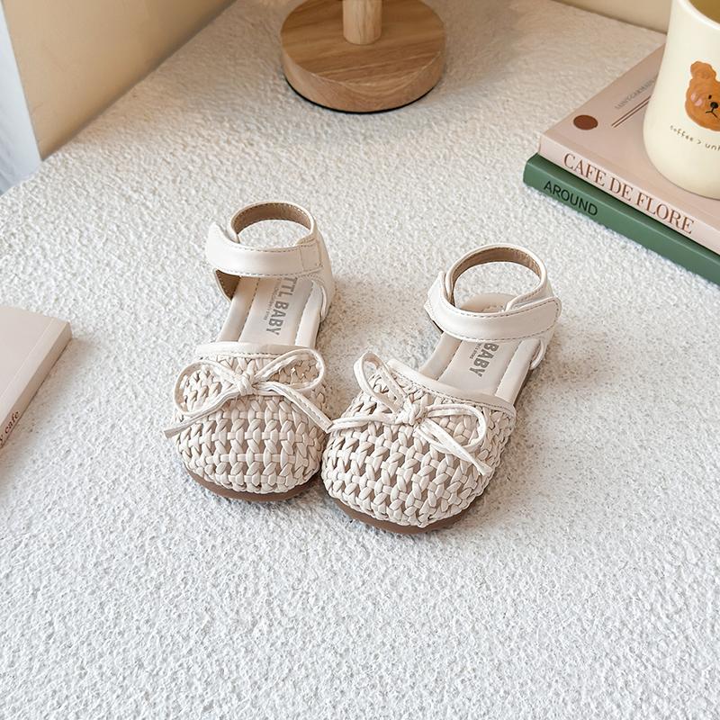 Kids Half Sandals Weave Trendy Girls Princess Shoes Soild Color Versatile 2025 Summer Children Beach Shoes Soft Sole Simple Bow