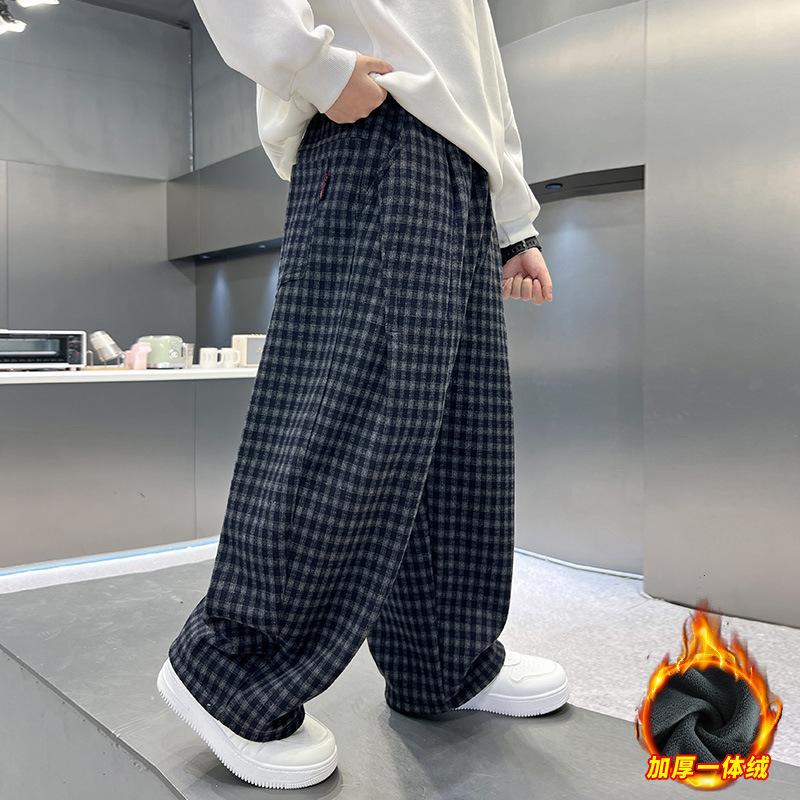 Boy S Winter Casual Fleece Plaid Curved Cut Pants