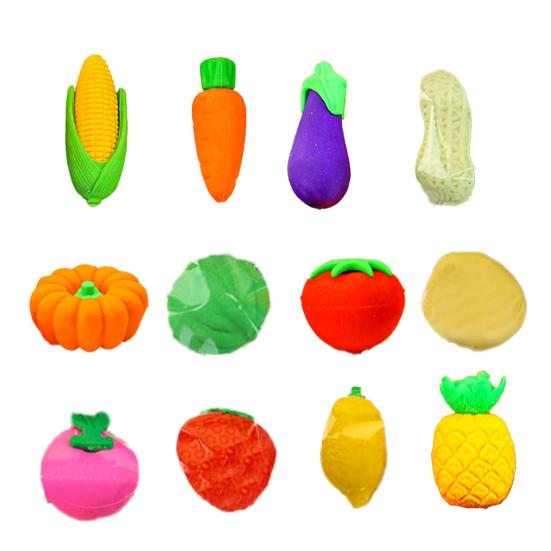 12 Stück Obst-Gemüse-Radiergummi Set Mini 3D Zitrone Tomate Aubergine Bleistift Radiergummi für Klassenzimmerpreise Geschenke Zubehör Schulanfang Partygeschenke