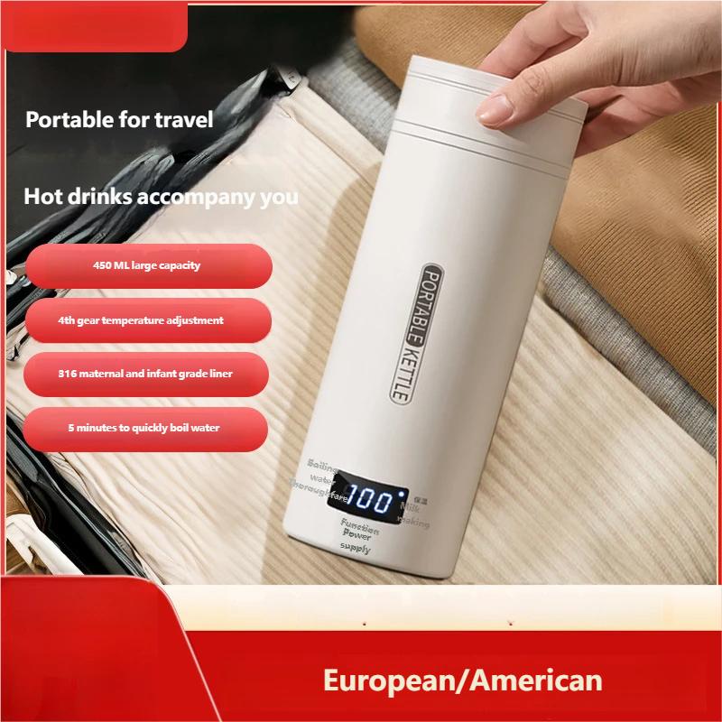 Czajniki Elektryczne 450ML Przenośny Czajnik do Herbaty i Kawy Podróżny Gotowanie Wody Kubek Termiczny Butelka na Wodę Chroniąca przed Oparzeniami Menu Angielskie