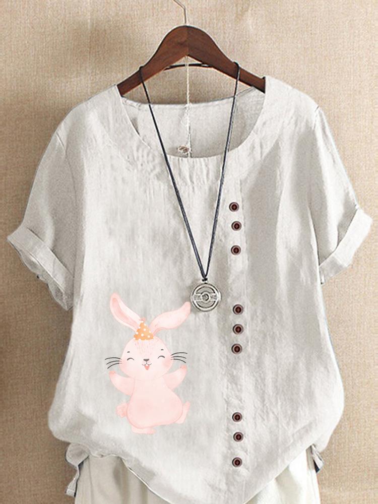 Women's Fashion Cute Rabbit Print Shot Sleeve T-shirt Loose Cotton Shirt Casual Loose Summer Blouse Tops Plus Size