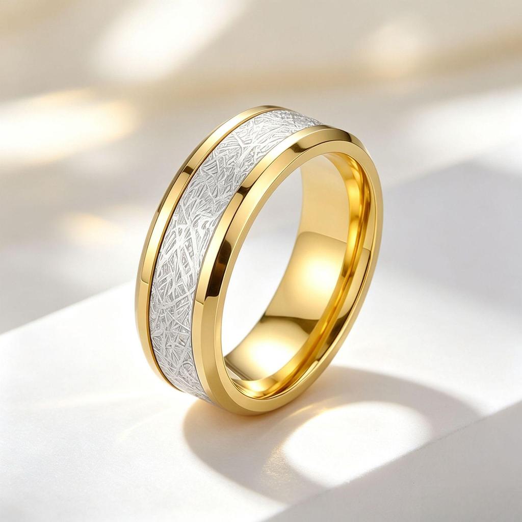 Rime Textured Titanium Steel Couple Ring with Inlaid Design