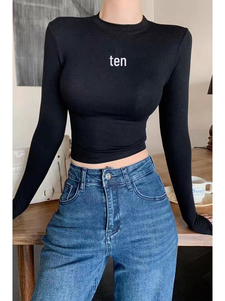 2025 Autumn/Winter Retro Cross Long Sleeve Round Neck Cropped Slimming Women's T-shirt