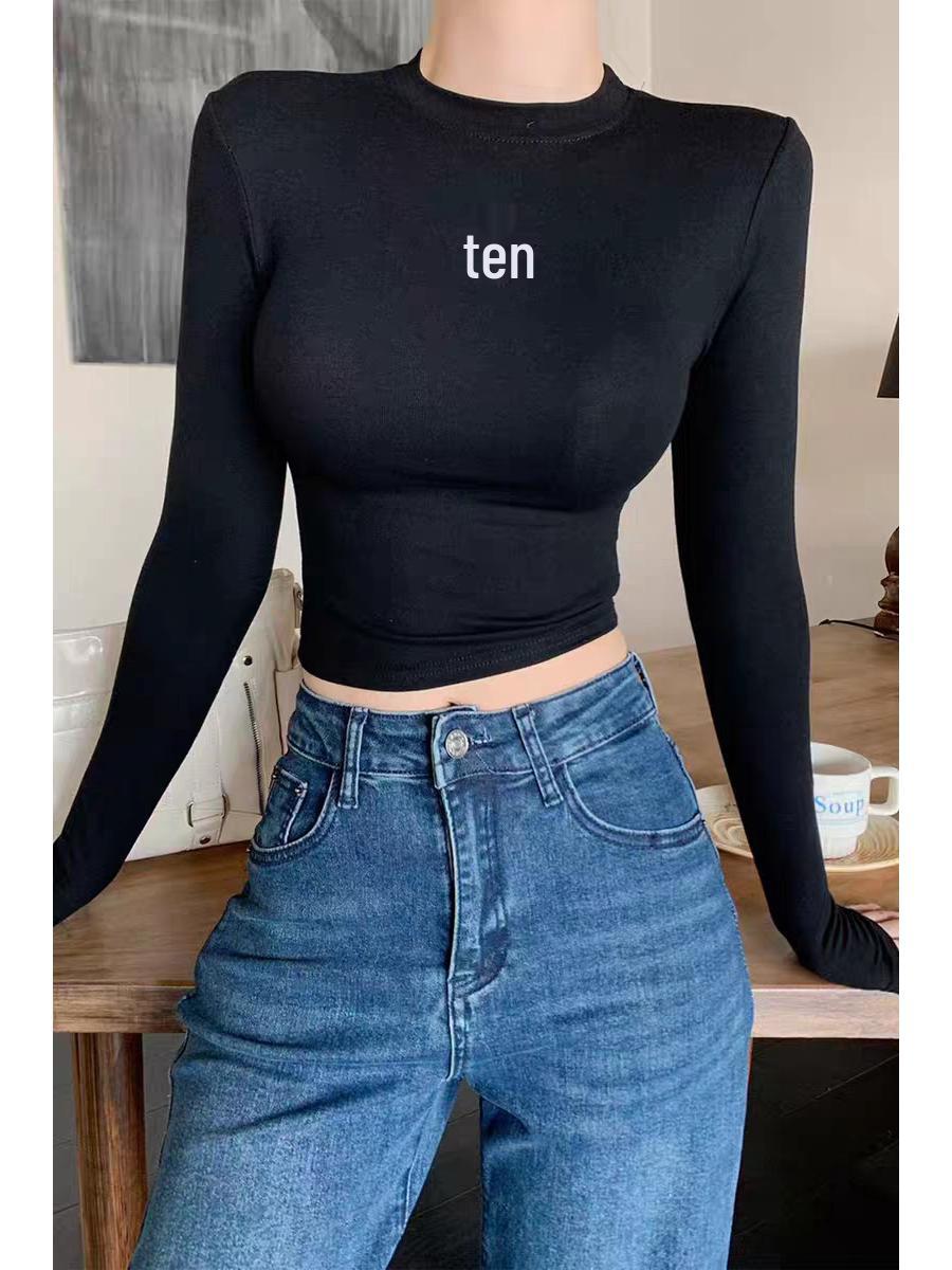 

American Retro Print Cropped Long Sleeve Cross Shoulder Top S чорний