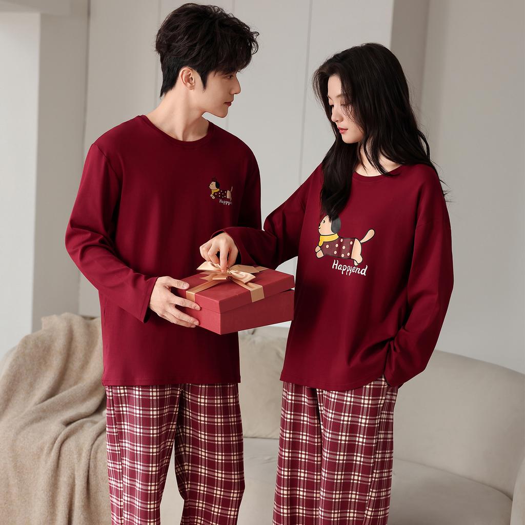 Couple Pajamas Pure Cotton Long-sleeved Natal Year Red Wedding Festive New Wedding Large Size Cartoon Loose Loungewear Two-piece Set