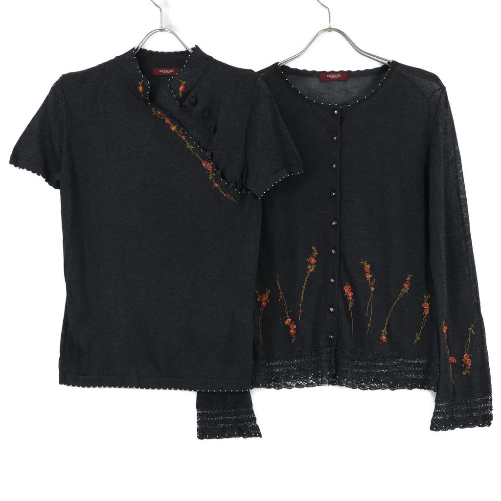 INGEBORG Flower embroidery glitter knit ensemble/ tops L Charcoal grayUsed