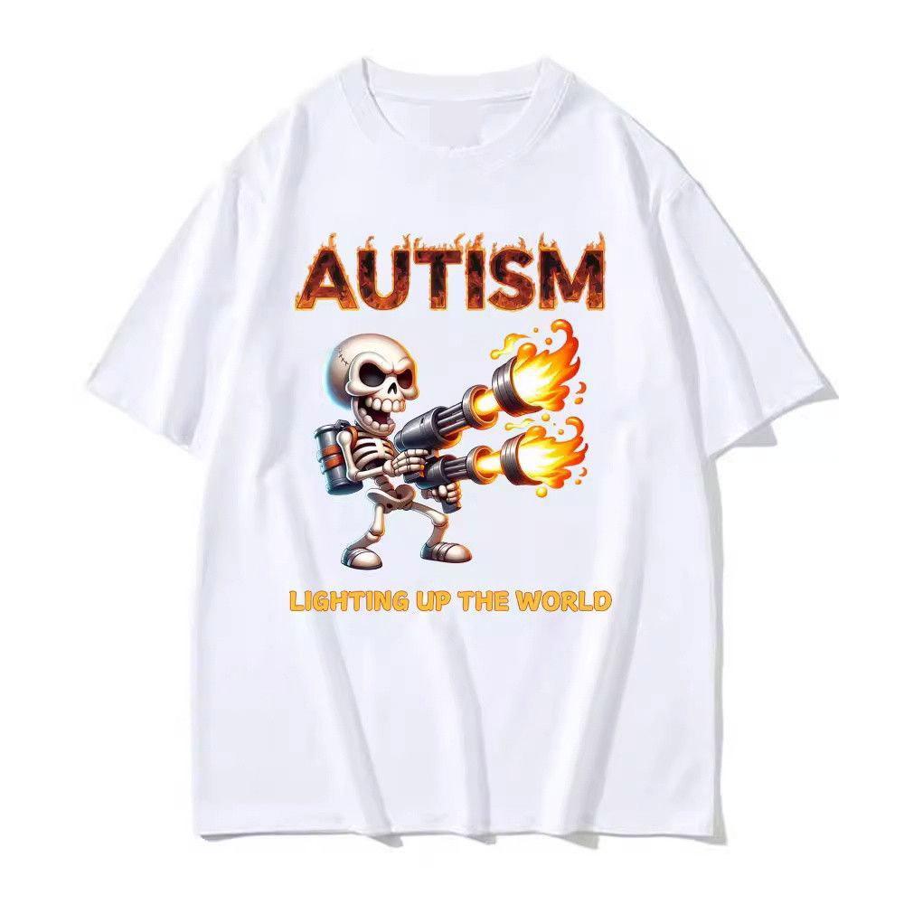 SpringSummer New Autism Funny Skull Pattern Printed Short Sleeve Tshirt for Men and Women Street Casual Round Neck Tshirt