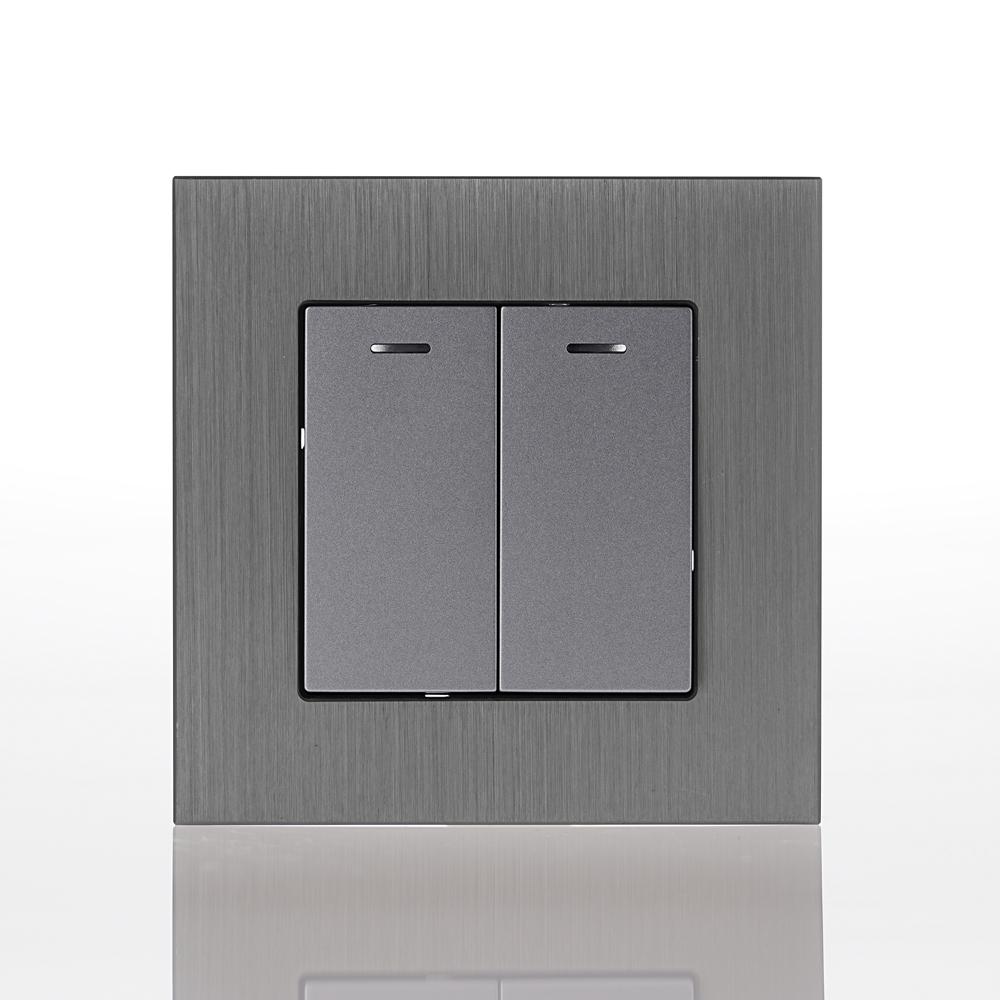 Schwarz Grau Gold Gebürstetes Aluminium Panel Europäischer Standard 2-fach 1-Wege Wandlichtschalter mit LED-Anzeigeleuchte 10A 250V