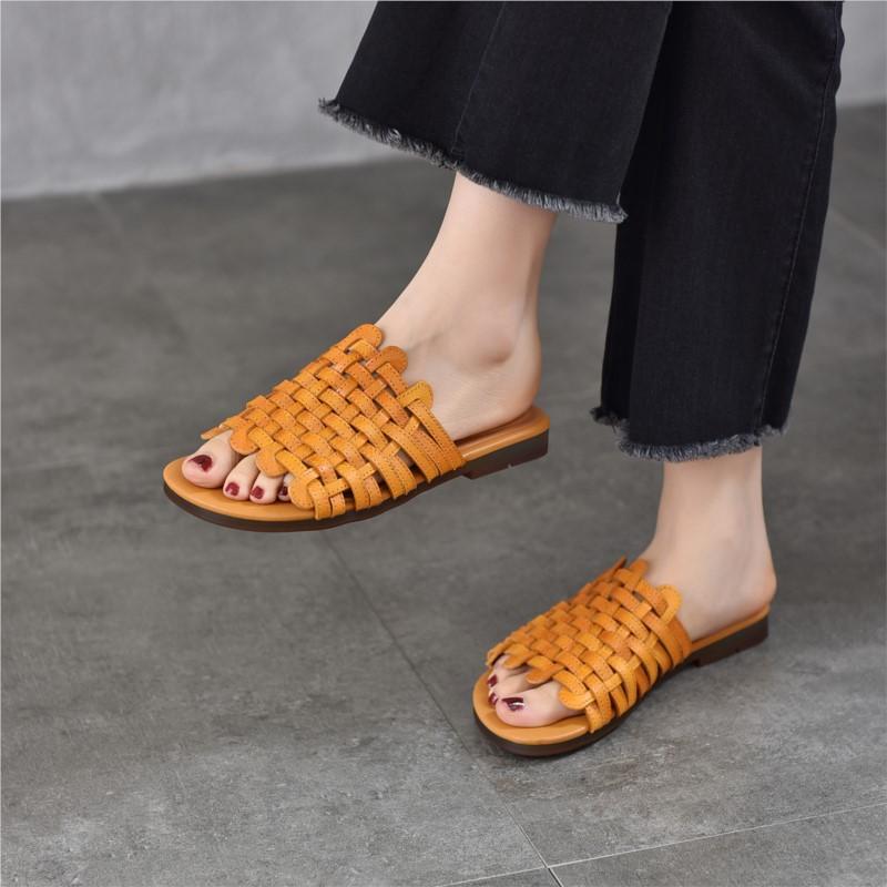 Johnature Hand Woven Genuine Leather Outdoor Flat Slippers Versatile Casual Women's Slip-on Shoes