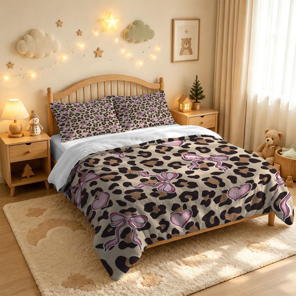 3PCS Leopard Print Pink Heart Bow Milk Velvet Bedding Set Soft Warm Winter Unfilled 1 Duvet Cover 2 Pillowcases Cozy Home Dec