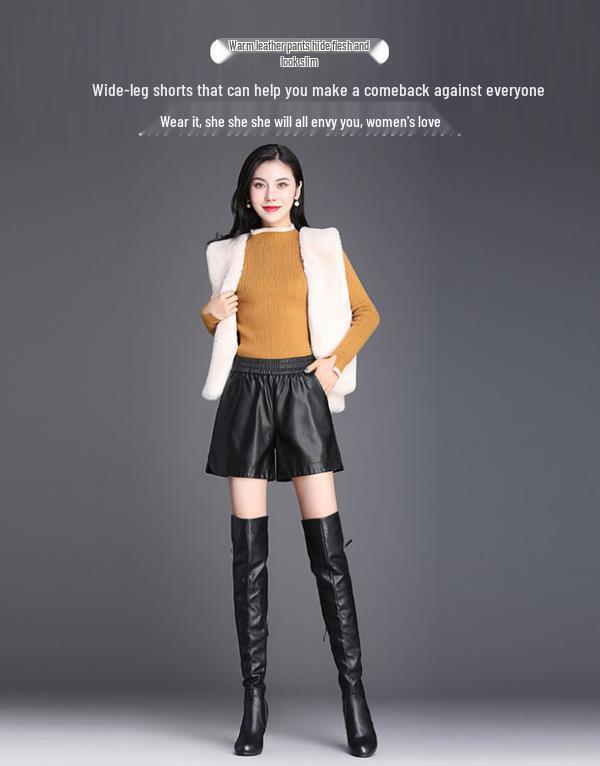 2026 New Women's PU Leather Wide-Leg Shorts, Elastic Waist & Slimming Base Layer, Plus Size Bootcut Pants for Spring/Autumn.