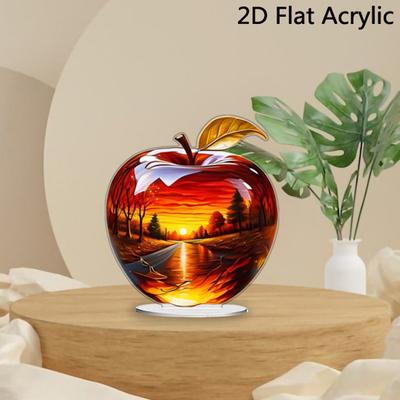 2D-Äpfel aus Acryl mit Flusslandschaftsmuster, flache Obstdekoration, Tisch-Äpfel-Ornament für Home-Office-Schreibtisch-Regal-Dekor