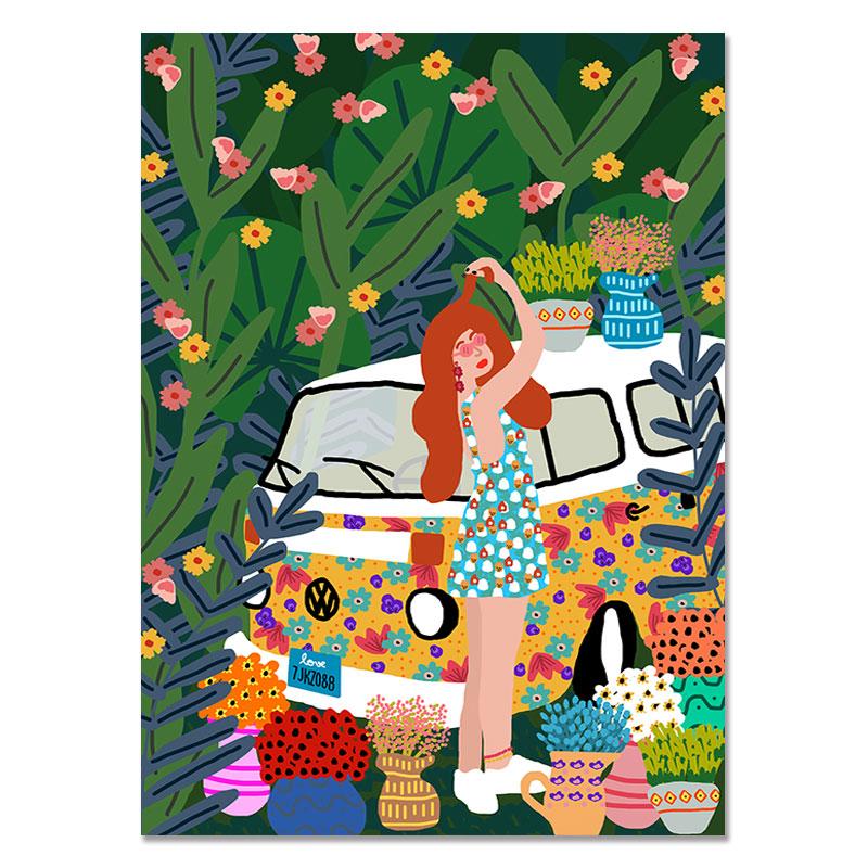 Abstract Fashion Vintage Girl Plant Dog Wall Art Canvas Painting Nordic Posters And Prints Wall Pictures For Living Room Decor