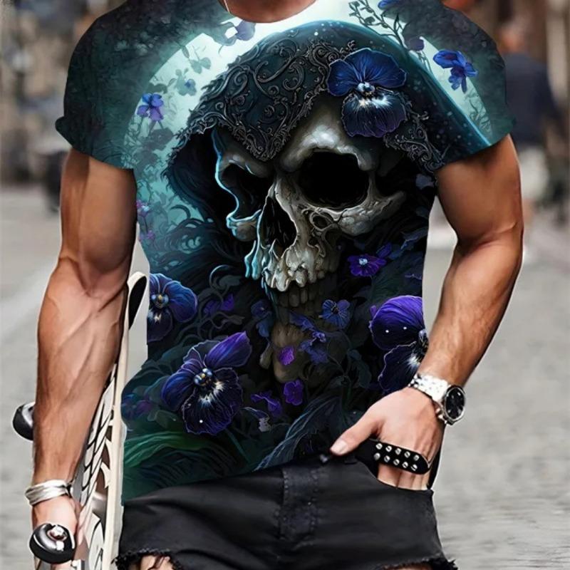 Hot Selling Summer Men's Halloween Horror Skull Print Comfortable and Breathable Round Neck T-shirt Outdoor Casual Party Top