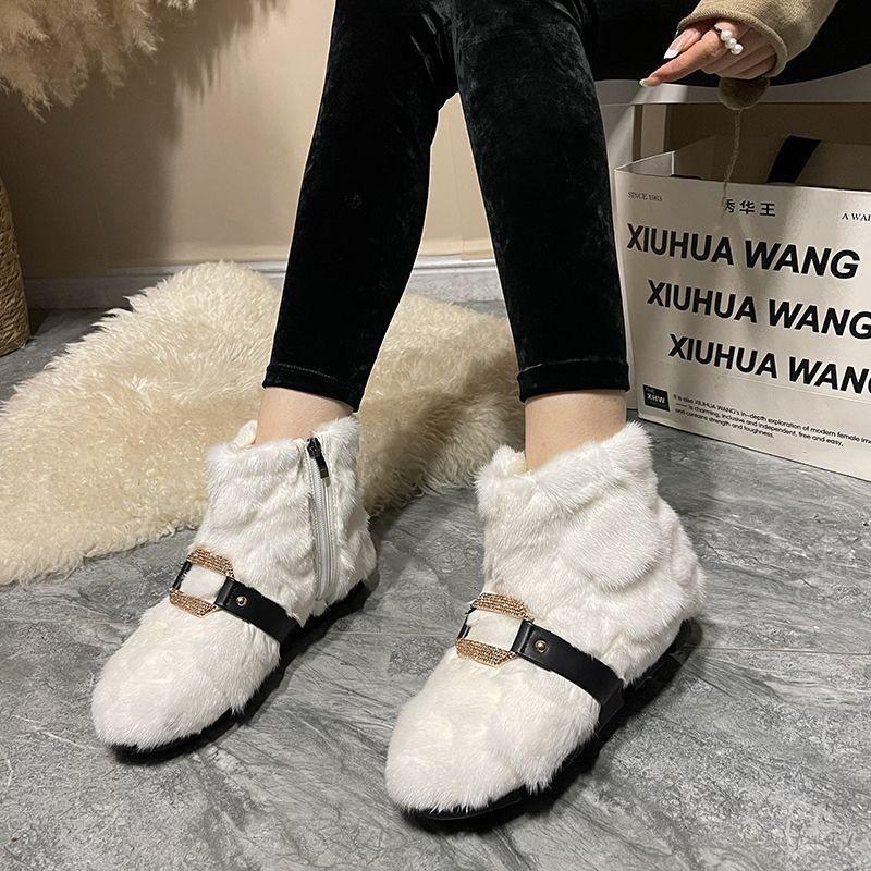 Fashion Winter New Low-heel Snow Boots Women's Fashion Round Head Plush Side Zipper Metal Buckle Anti-slip Wear-resistant Short Boots
