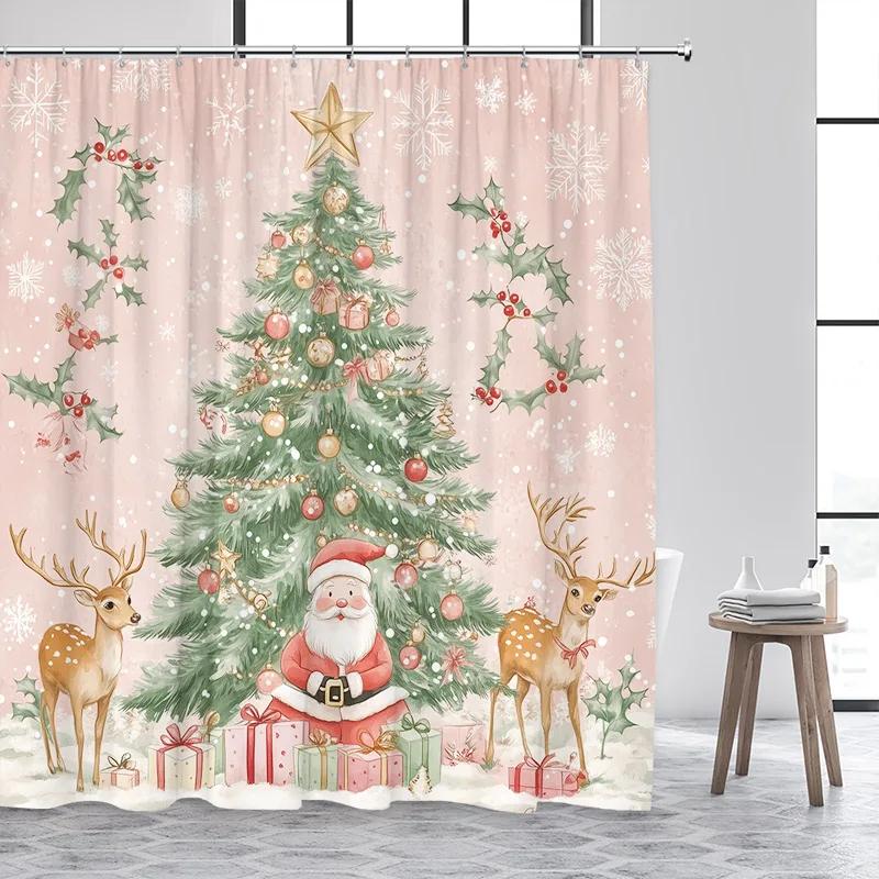Pink Christmas Shower Curtains Cute Santa Claus Elk Bells Xmas Tree Gold Snowflake New Year Bathroom Curtain Decor with Hooks