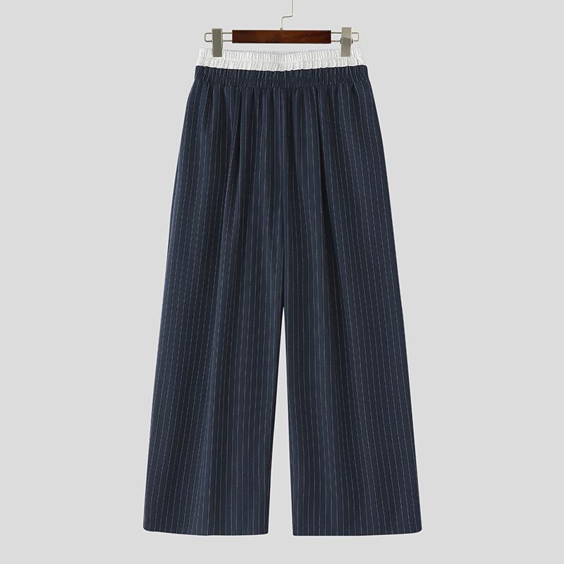 

INCERUN Men Stitching Elastic Waist Striped Casual Long Wide Legs Pants Home Wear XL темно-синий