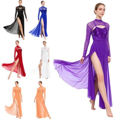 Ladies Sequin Long Sleeve Lyrical Dance Dress Mesh Tulle Flowy Maxi Long Dress Built In Briefs Performance Wear