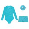 Girls Mesh Long Sleeve Cutout Back Sparkly Rhinestone Leotard V Front Waistband Shorts Hairband Gymnastics Set