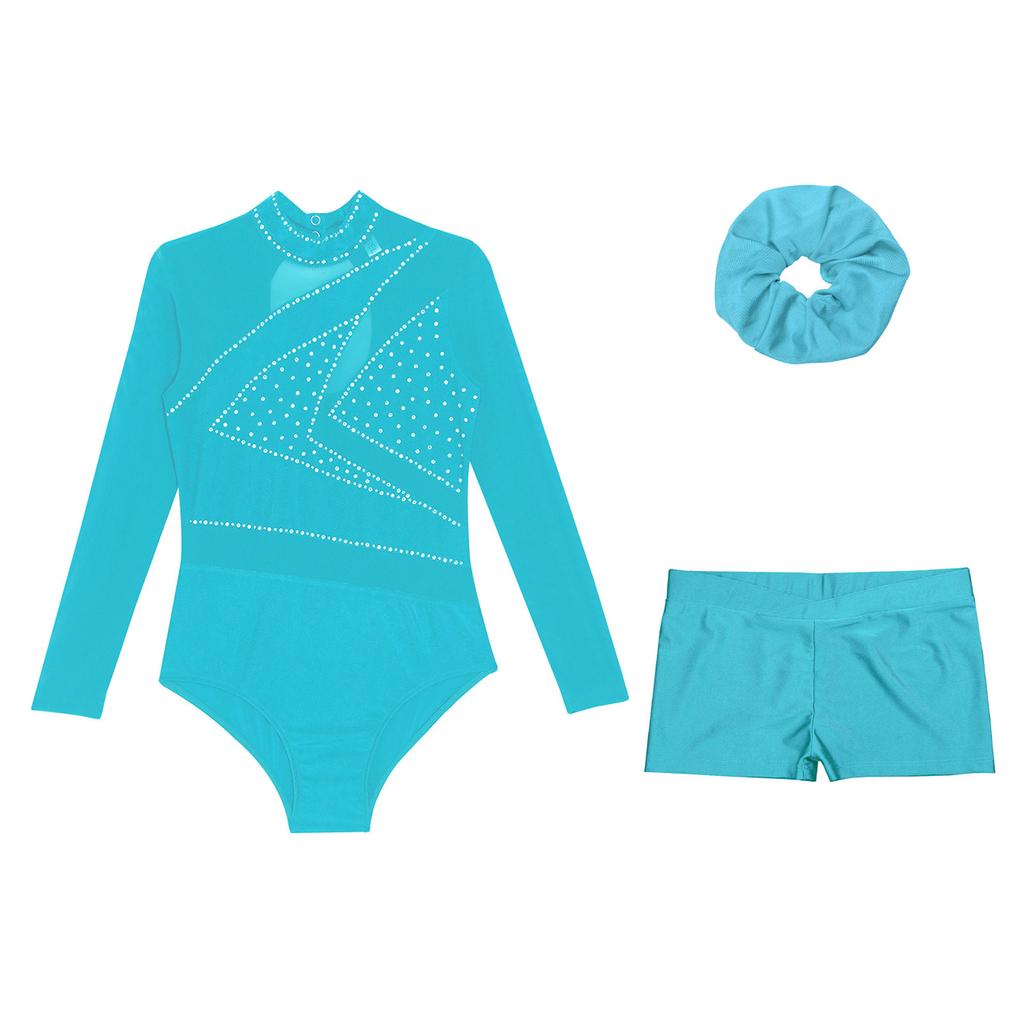Girls Mesh Long Sleeve Cutout Back Sparkly Rhinestone Leotard V Front Waistband Shorts Hairband Gymnastics Set