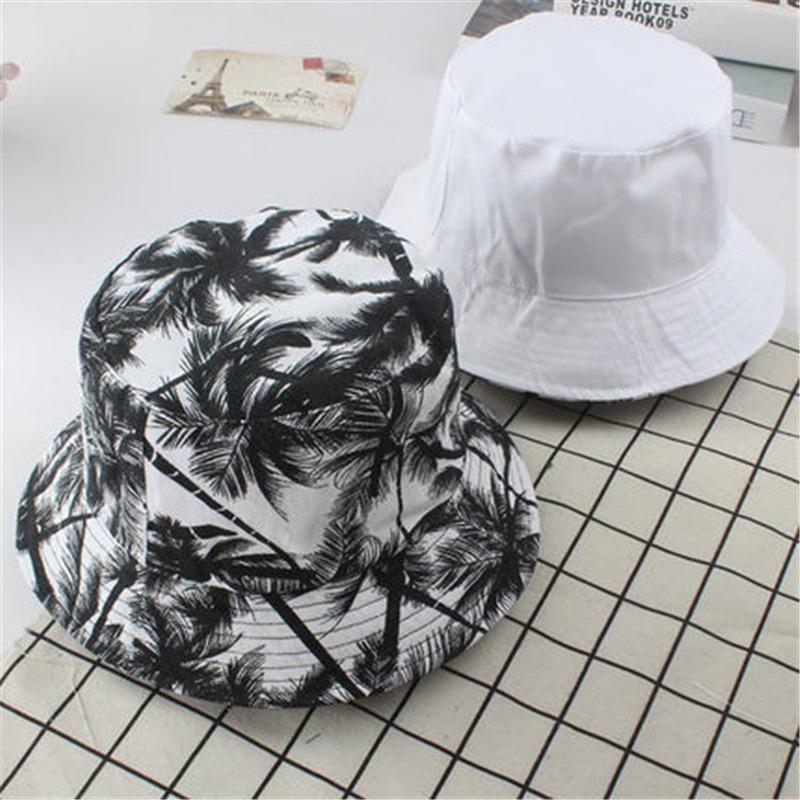 Unisex Summer Printed Bucket Hats Coconut Tree Black White Reversible Fisherman Caps Men Sunscreen Fold Hip Hop Panama Bob Hat