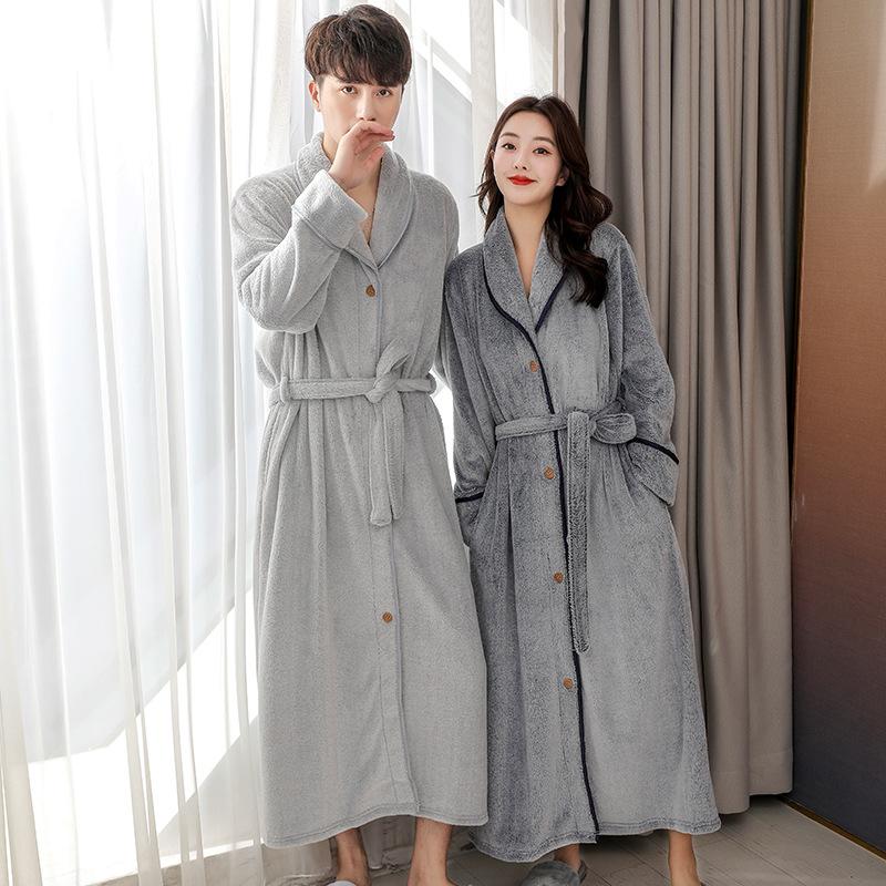 Couple Button Lapel Nightgown Women Thickened Long Robe Coral Fleece Bathrobe Men Large Nightwear Autumn Winter Flannel Homewear